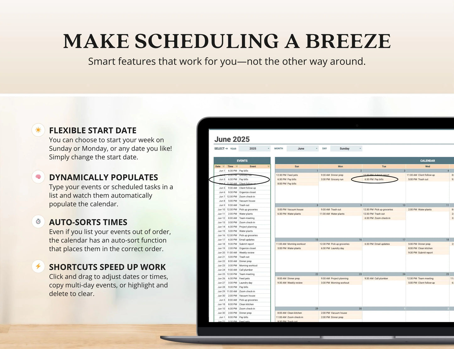 2026 Monthly Digital Calendar Template Excel Daily Planner for Events and Tasks