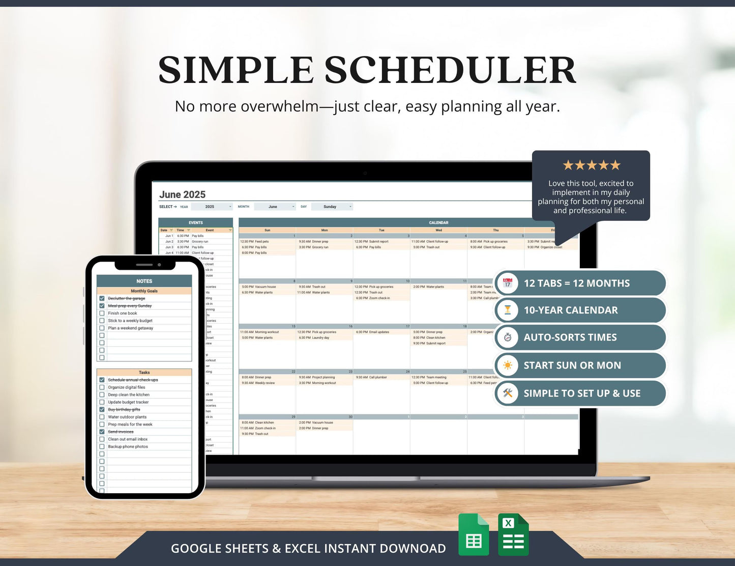 2026 Monthly Digital Calendar Template Excel Daily Planner for Events and Tasks